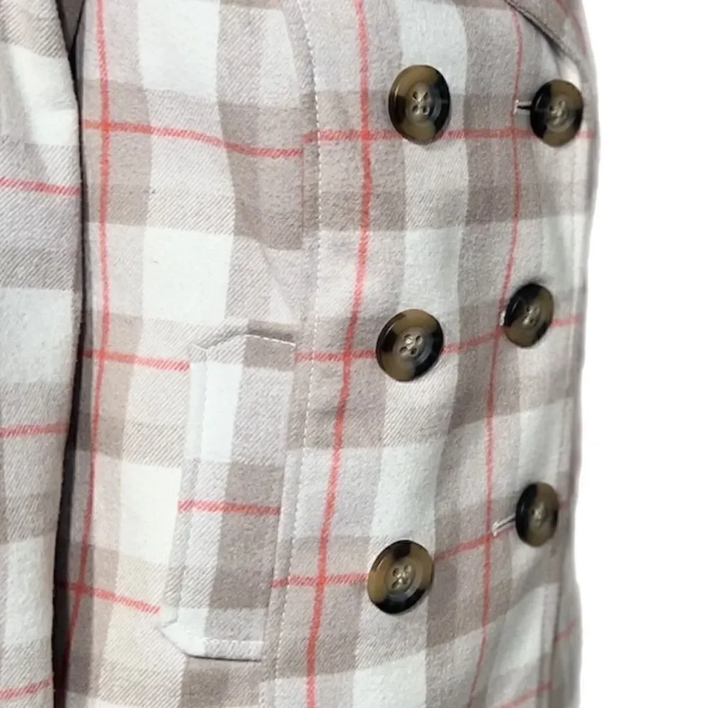 Pink & Beige Plaid Double Breasted Silk Lined Wool Peacoat NWOT